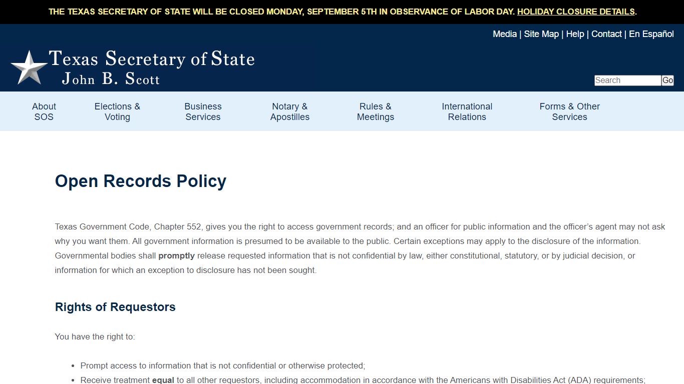 Open Records Policy - Secretary of State of Texas